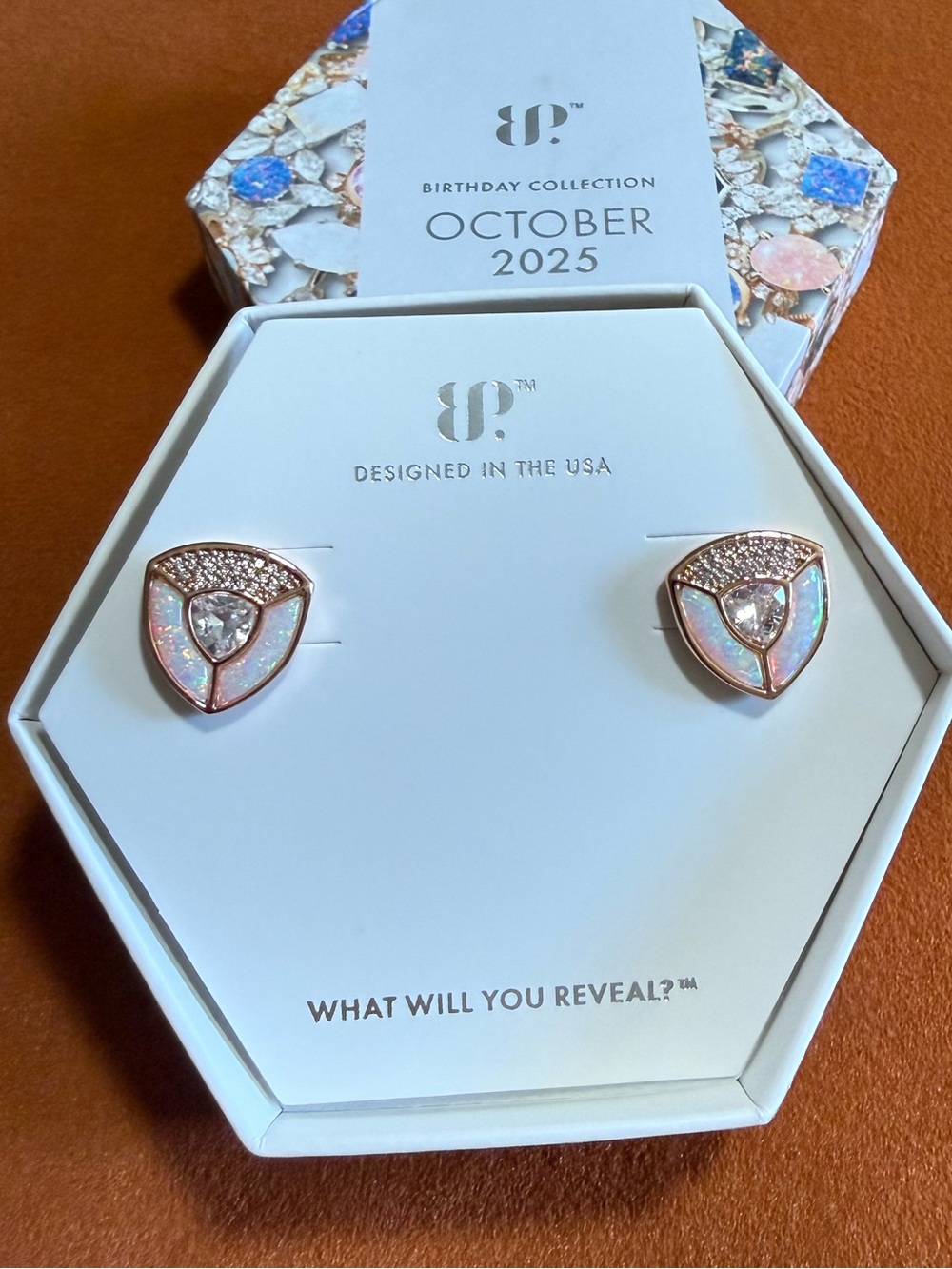 Bomb Party ER70255 “The Shape Of Strength” October Rose Gold Opal Stud Earrings